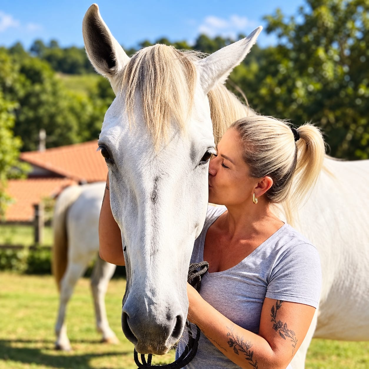 Patrícia Viola interagindo com um cavalo branco no haras